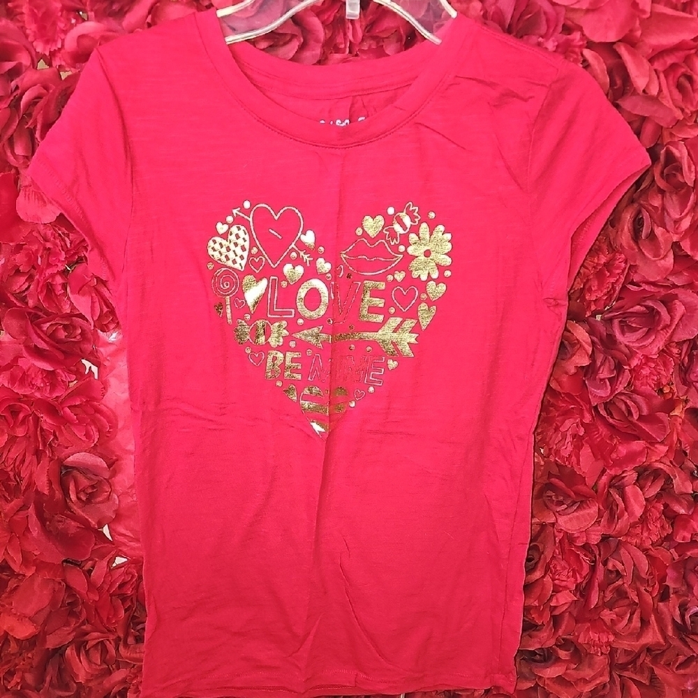Cat & Jack Girls Red Heart Gold Graphic T-Shirt Size 10/12